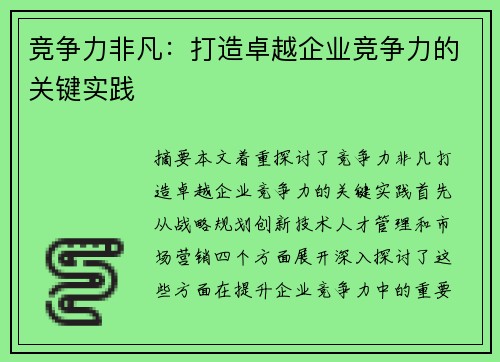竞争力非凡：打造卓越企业竞争力的关键实践